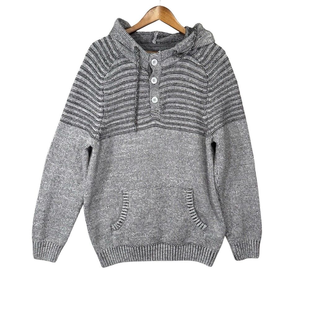 Commerce Men’s Henley Hooded Sweater XL Gray Hoodie Knit Pullover Neutral